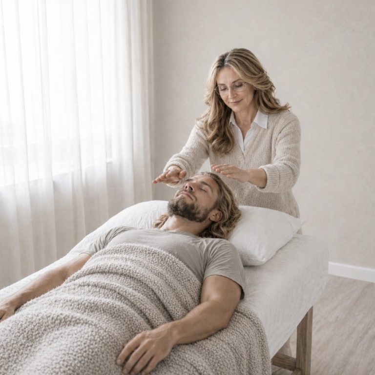 Reiki Eine Frau führt eine Behandlung an einem liegenden Mann in einem hellen Raum durch.