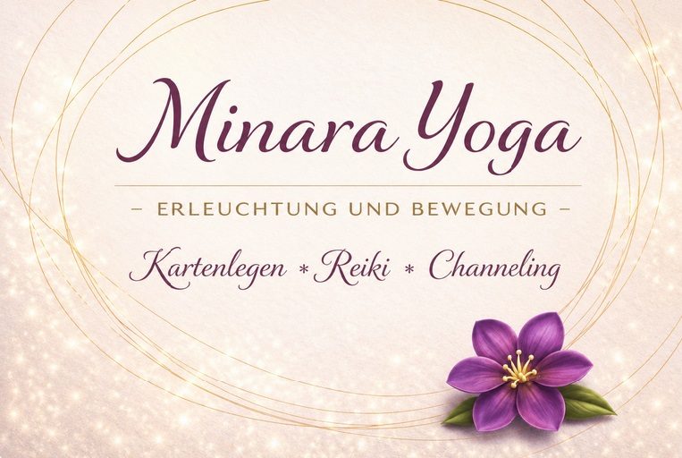 Logo von Minara Yoga mit einer lila Blume und dem Slogan „Erleuchtung und Bewegung“.